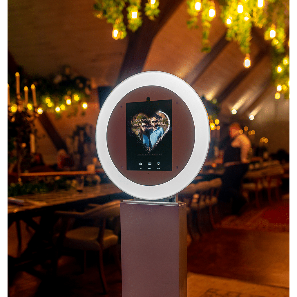 Selfie Station Drop-Off photo booth with a ring light, set up for an event
