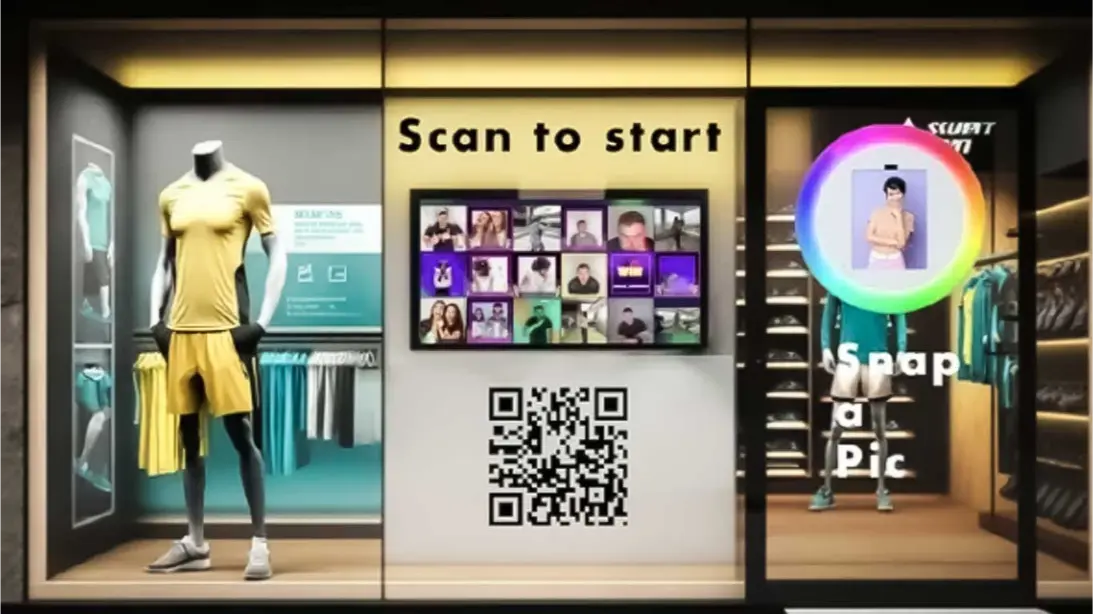 Retail store concept with a wall-mounted photo booth and QR code start for Rhode Island retailers
