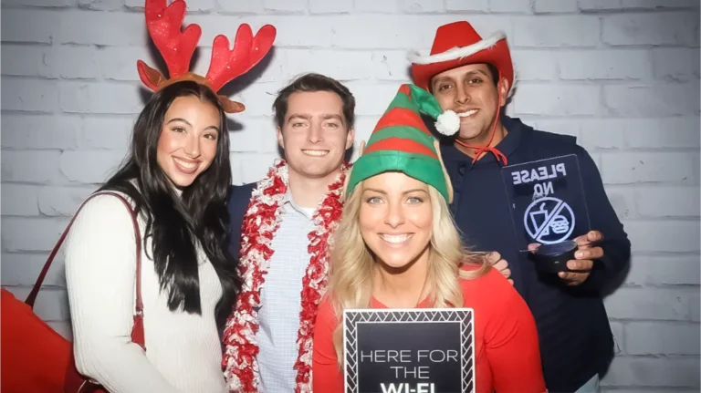 Holiday Photo Booth Experience- Photo Booths for The Holiday Season. photo of a groupd of people at a photo booth corporate holiday party.