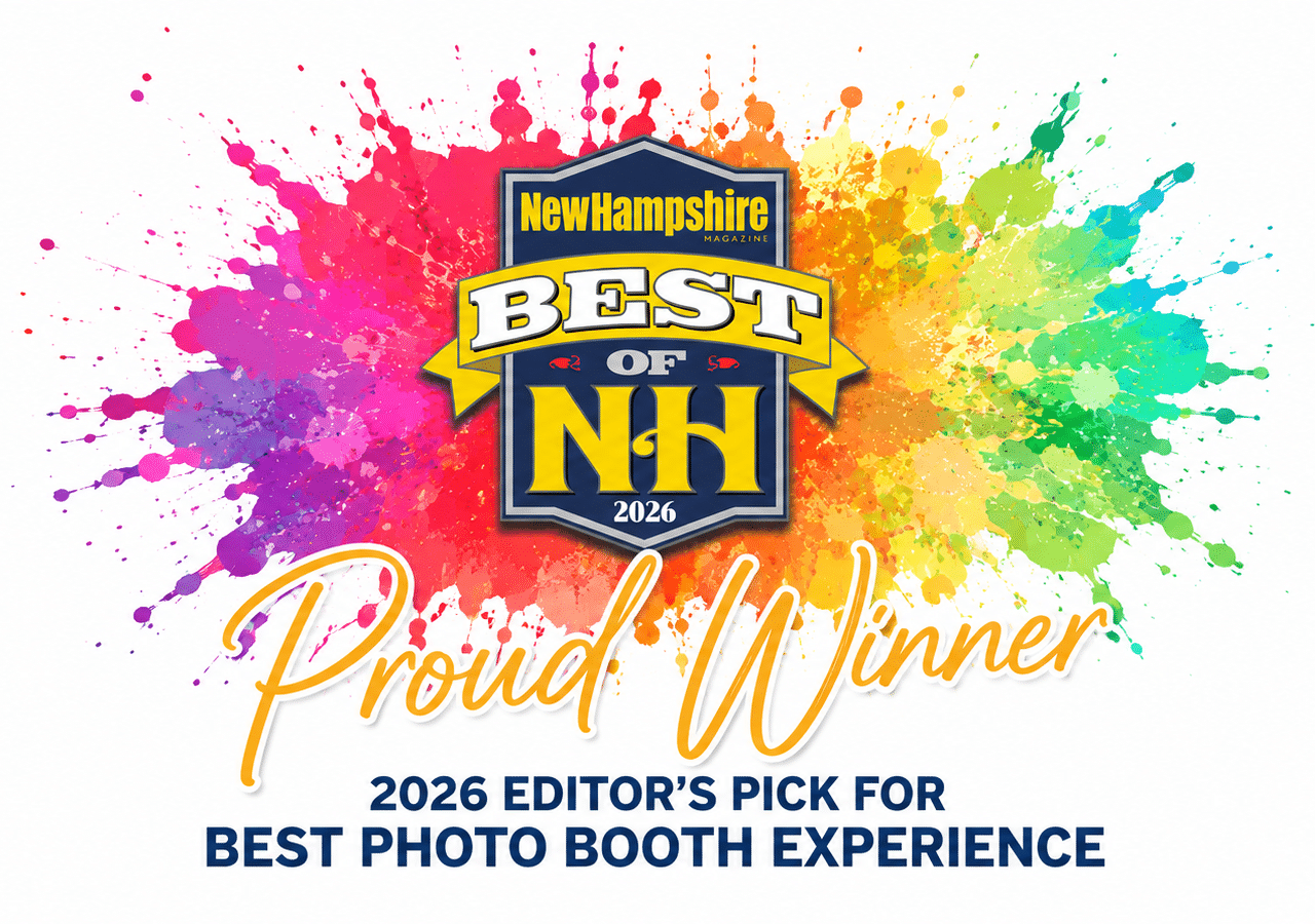 Best of New Hampshire 2026 Editor’s Pick Winner badge for Best Photo Booth Experience featuring colorful paint splash accents behind the award design.