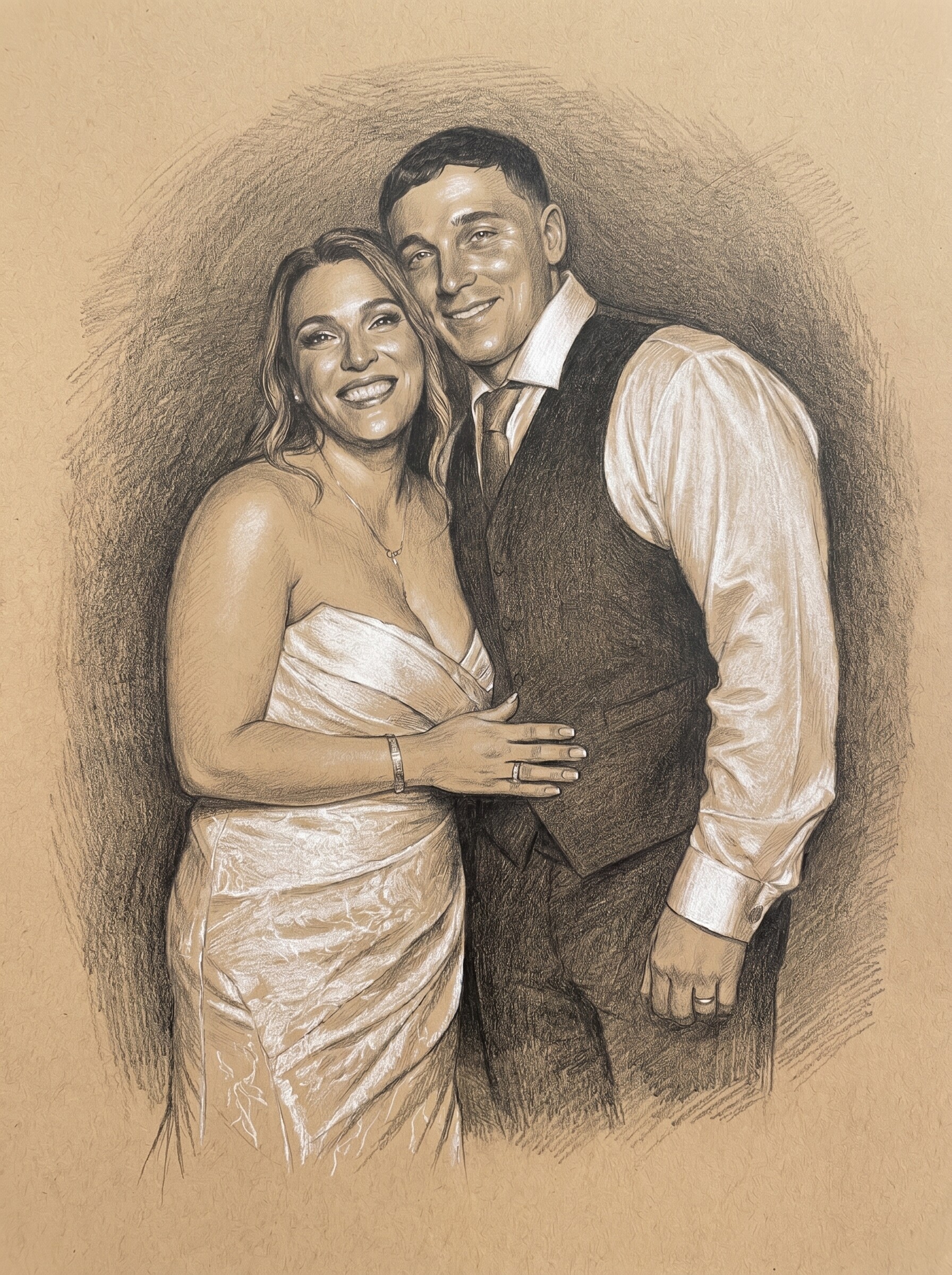Hand-drawn style wedding sketch portrait of a smiling bride and groom embracing, featuring a realistic pencil illustration effect with elegant wedding attire.
