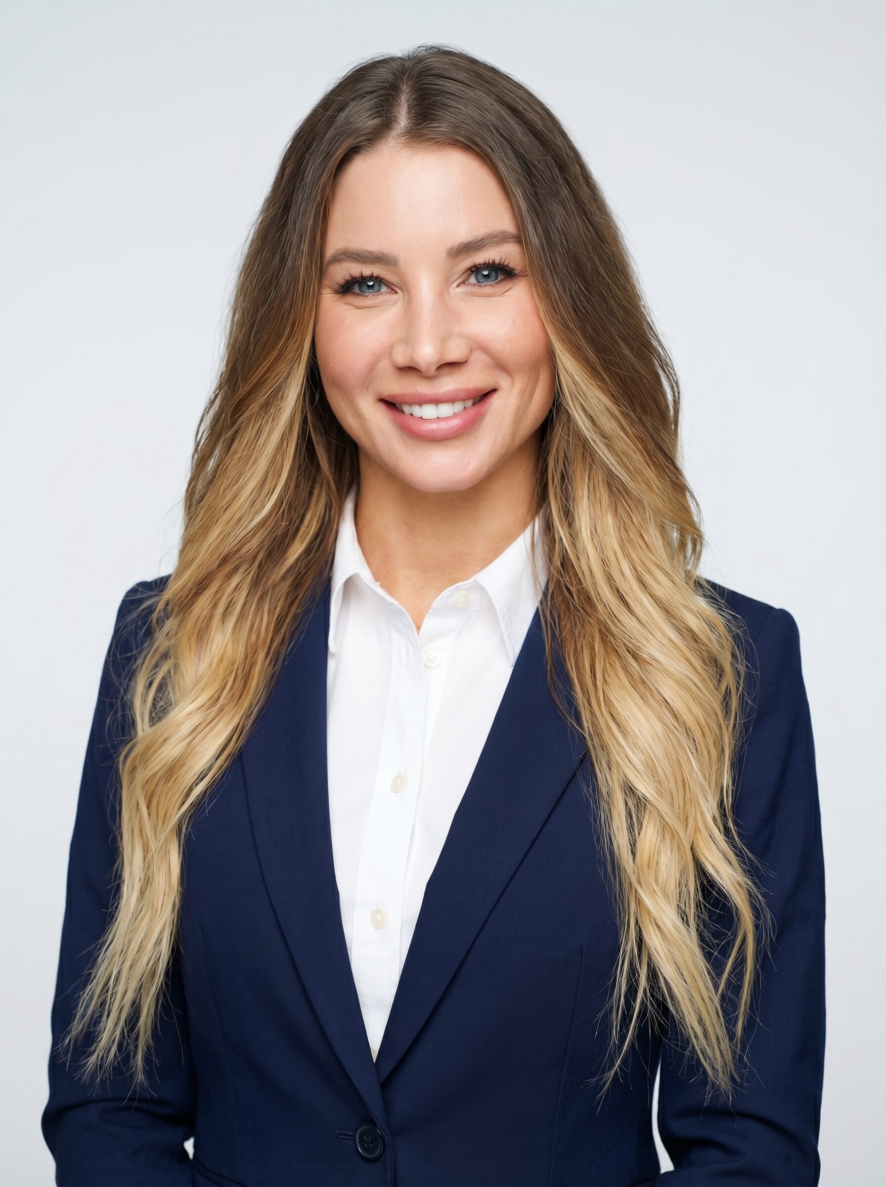AI-generated headshot of woman in business attire, showcasing studio-quality portraits for events.