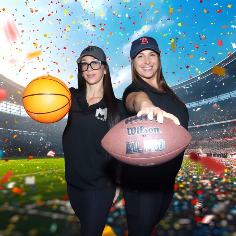 Two women holding a basketball and a football in front of a virtual stadium background with confetti