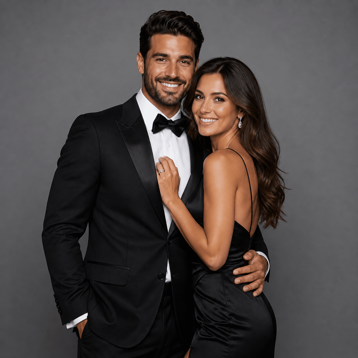 Couple in formalwear posing together, man in black tuxedo and woman in black evening gown