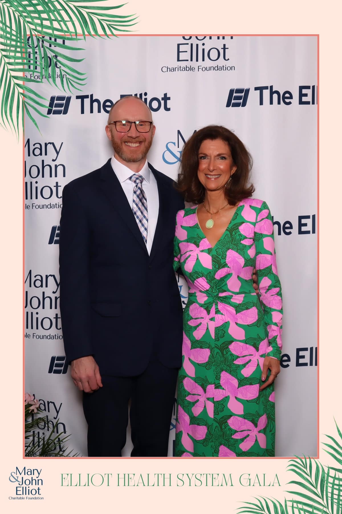 Photo booth print from Elliot Health System Gala, couple posing in formal attire at step-and-repeat backdrop