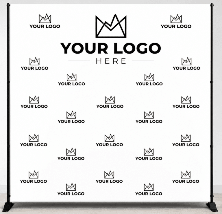 A custom branded photo booth backdrop with a printed design
