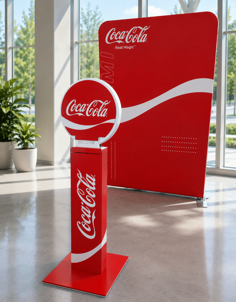 Custom branded podium wrap on the 360 photo booth