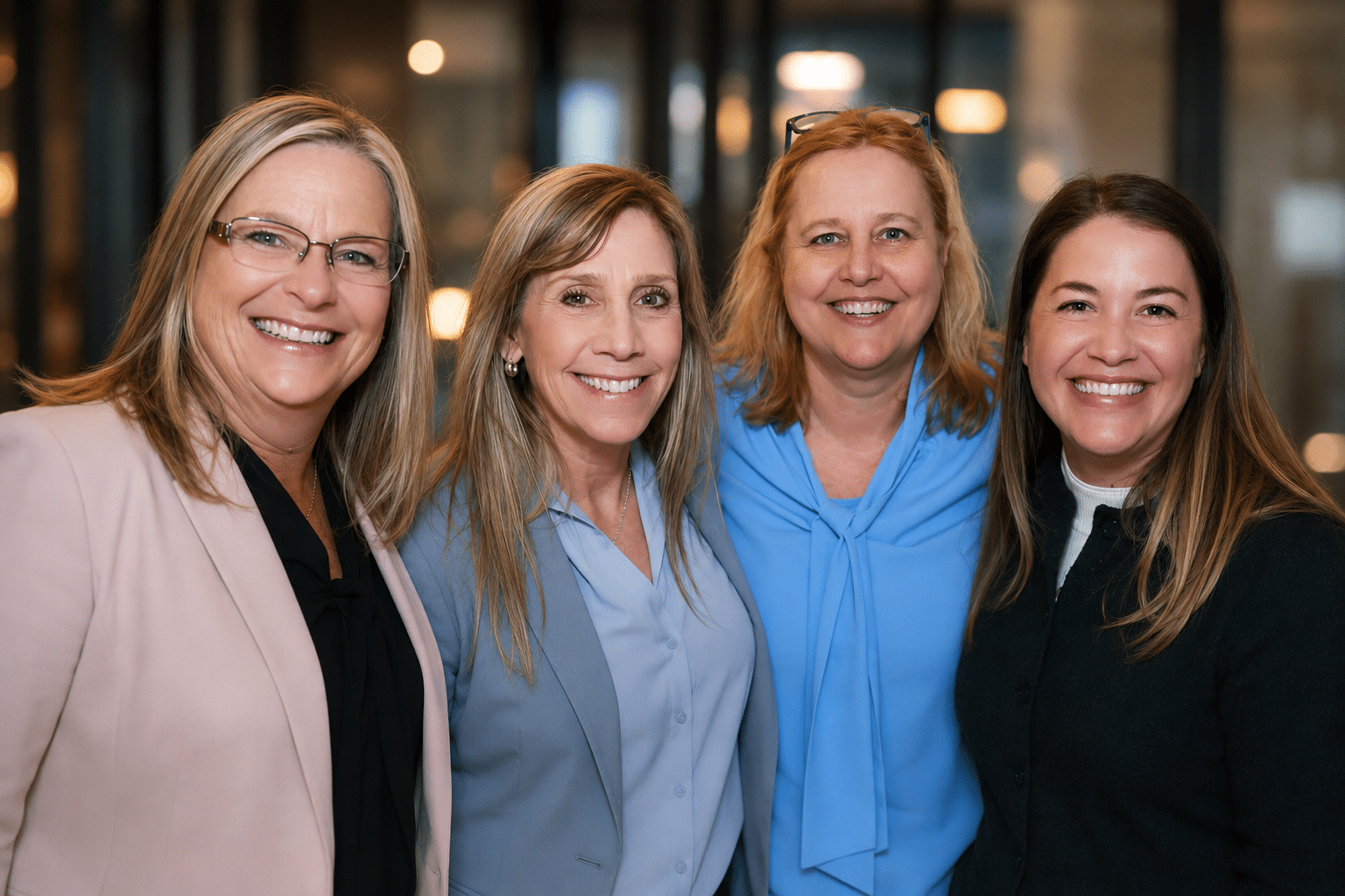 Group of four women in professional attire posing together, showcasing a modern event setting, highlighting the engaging atmosphere suitable for AI headshot photography services.