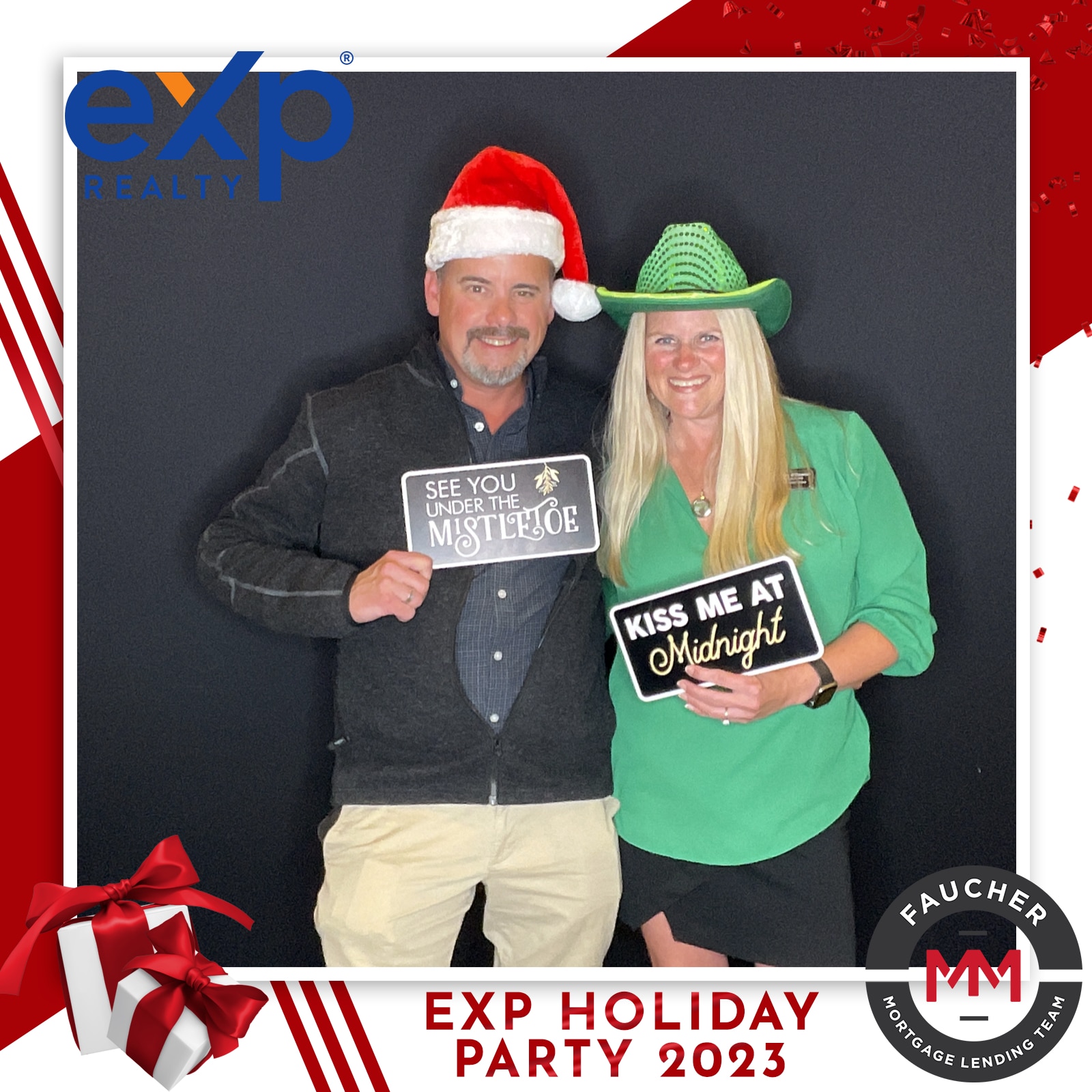 Photo booth print from EXP Realty holiday party, couple holding "Kiss Me at Midnight" prop signs