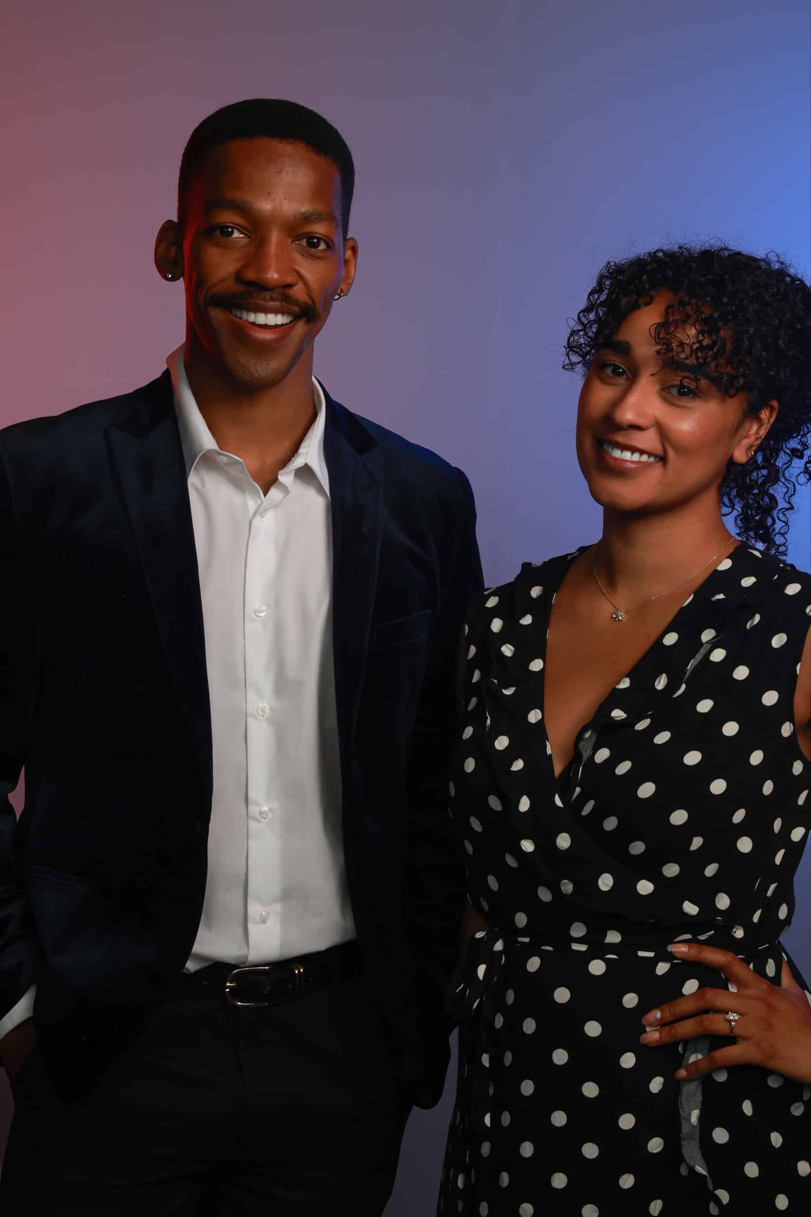 Professional studio portraits of a couple at a wedding or corporate event.