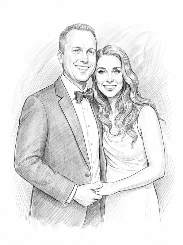 Pencil sketch portrait of a smiling couple in wedding attire, bow tie and flowing hair detail