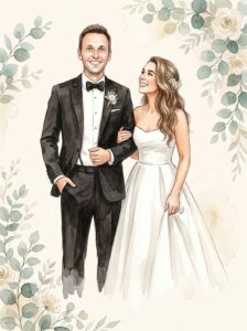 Drawn photo of a bride and groom posing in front of a backdrop