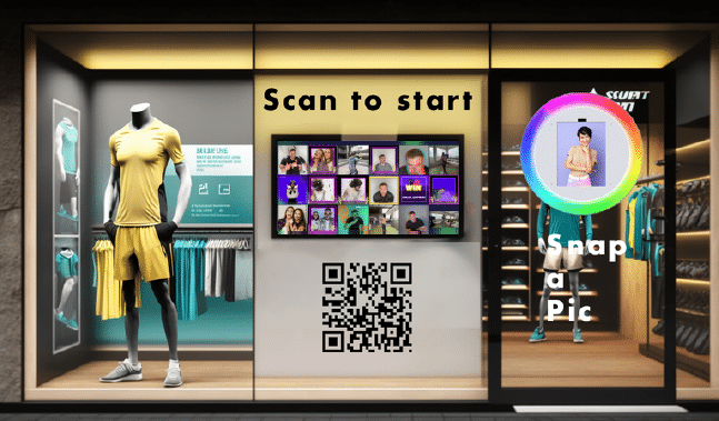 Retail storefront photo installation with a scan-to-start QR code and digital photo display screen.