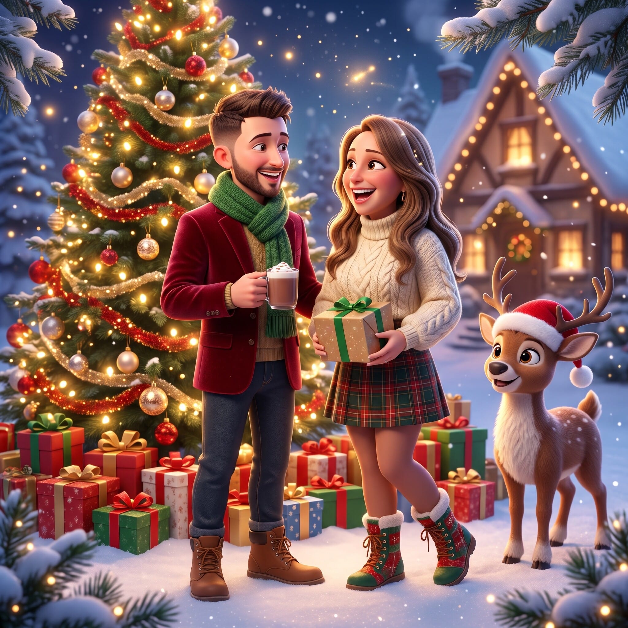 Couple posing with a reindeer and holiday gifts by a decorated tree, AI Photo Booth holiday experience in New Hampshire
