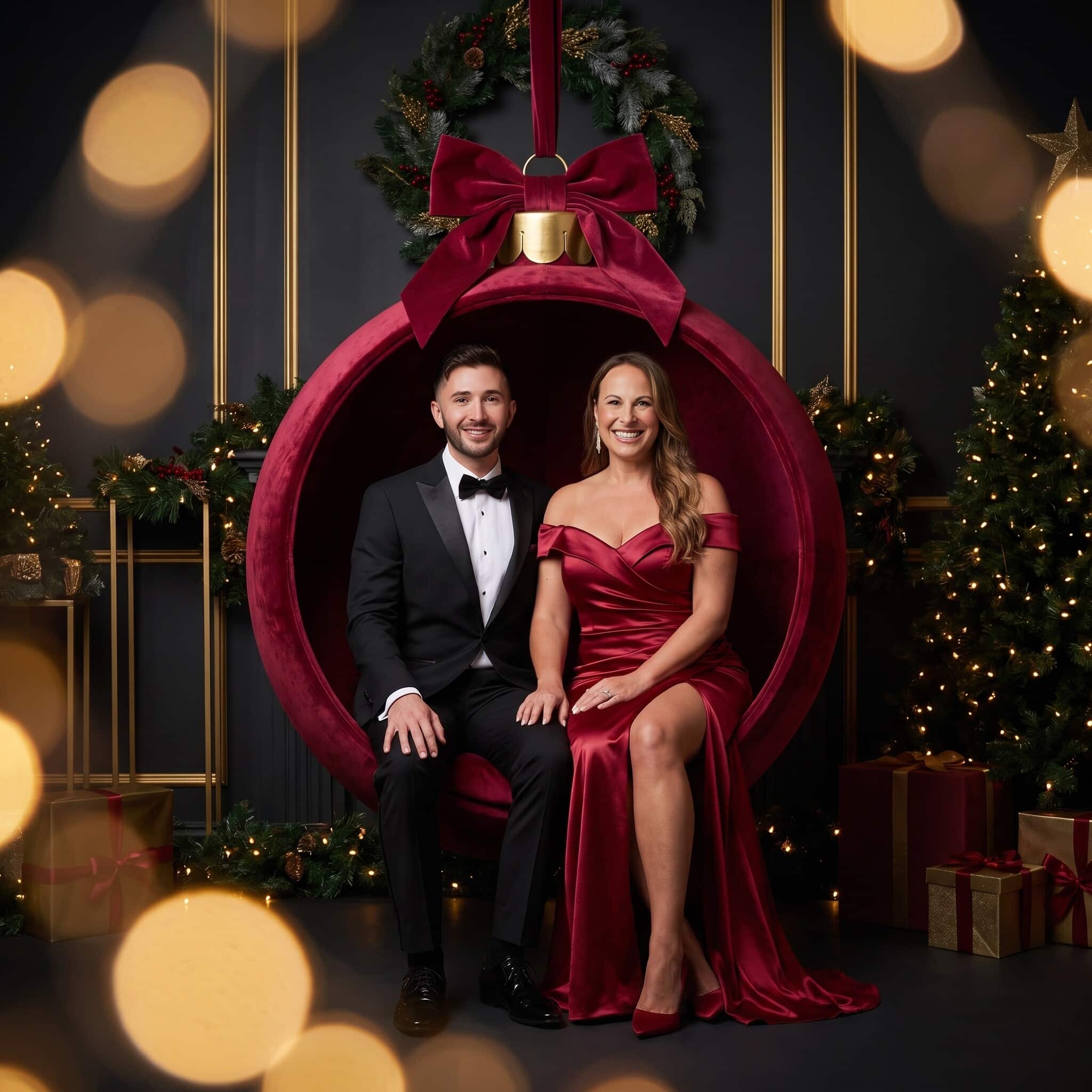 Couple posing in a red velvet ornament photo booth backdrop, AI Photo Booth holiday experience in New Hampshire