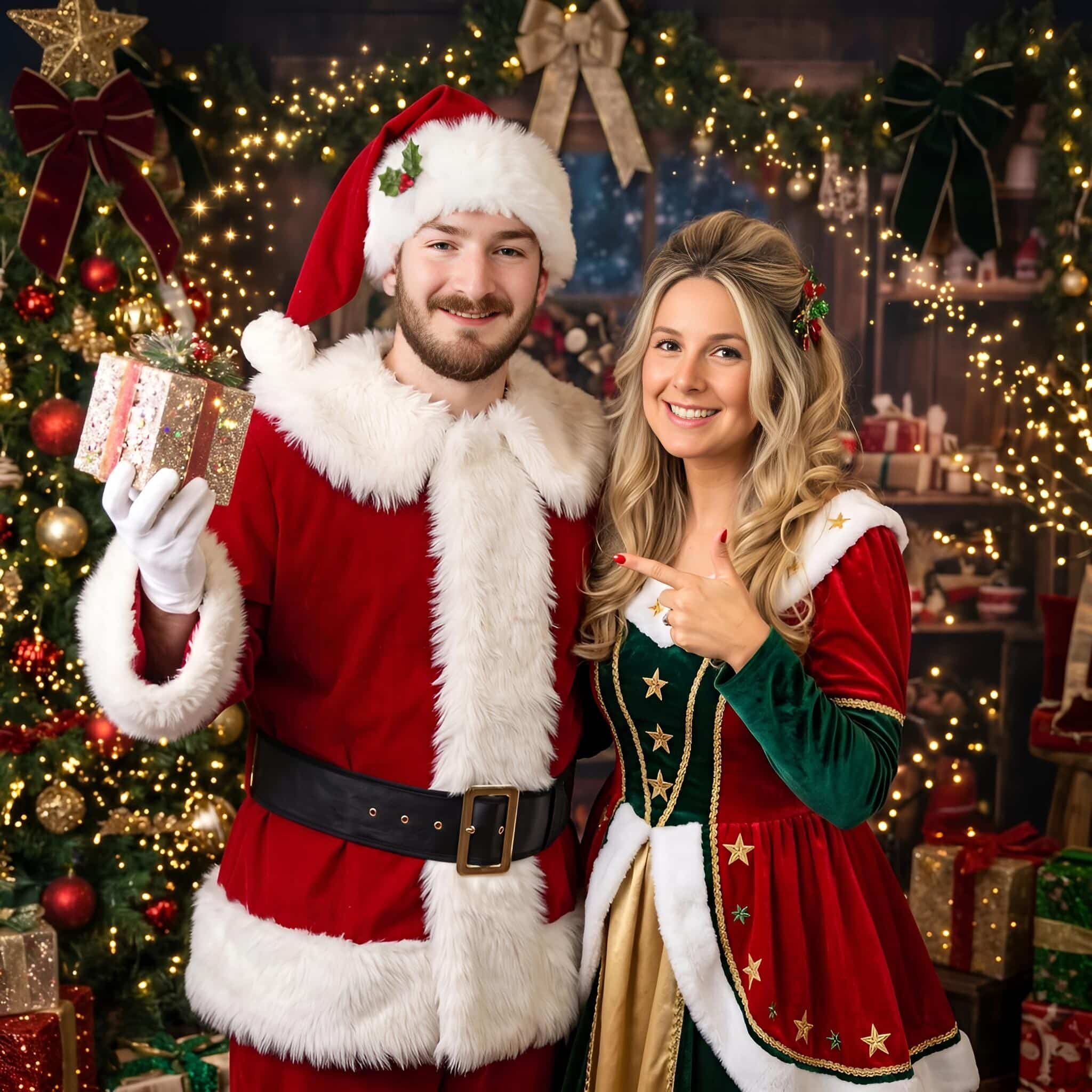 Couple dressed as Santa and Mrs. Claus posing with a gift, AI Photo Booth holiday experience in New Hampshire