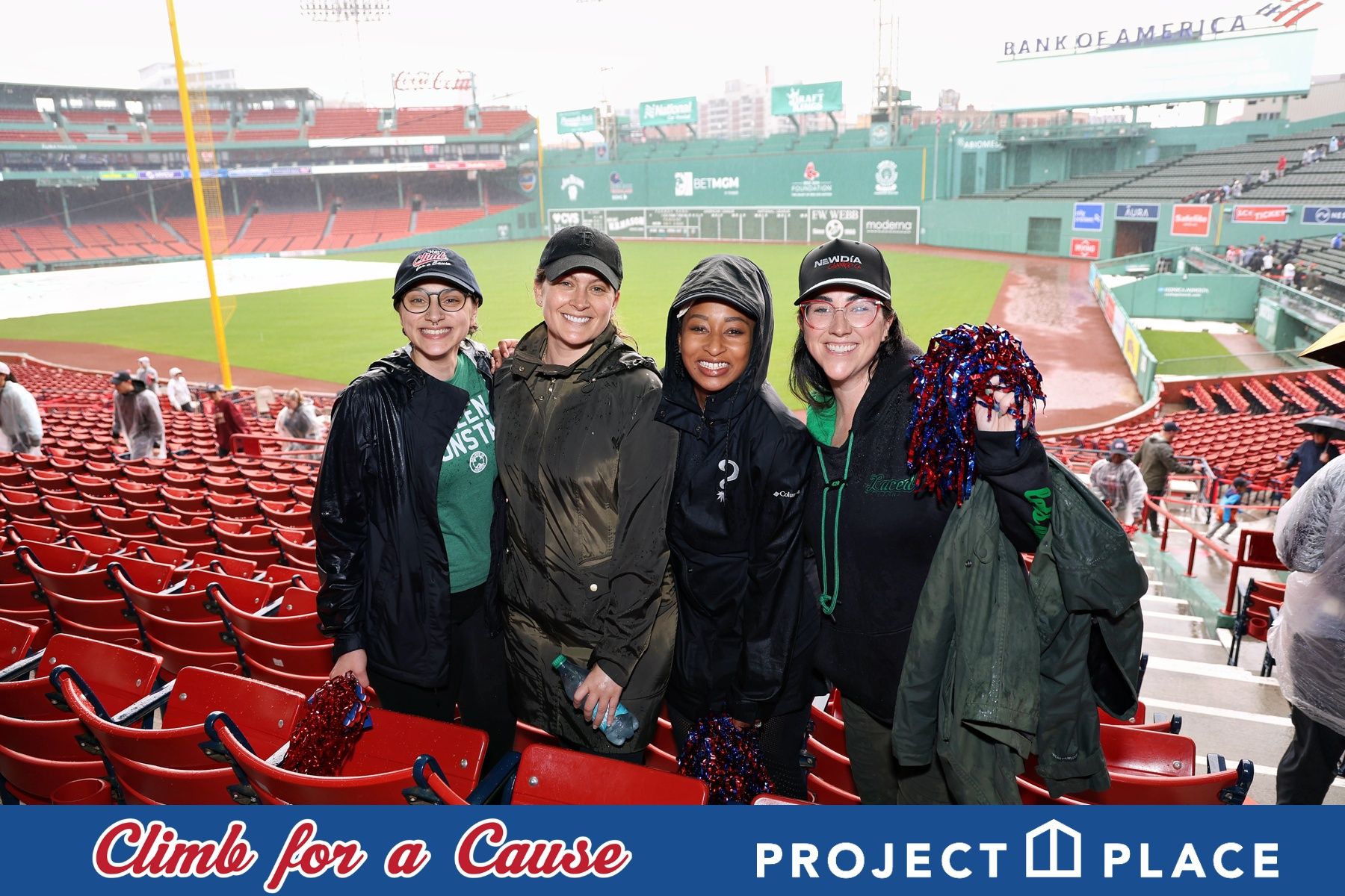 Group photo on the Fenway Park field at the Climb for a Cause charity event – event photography in Boston, MA