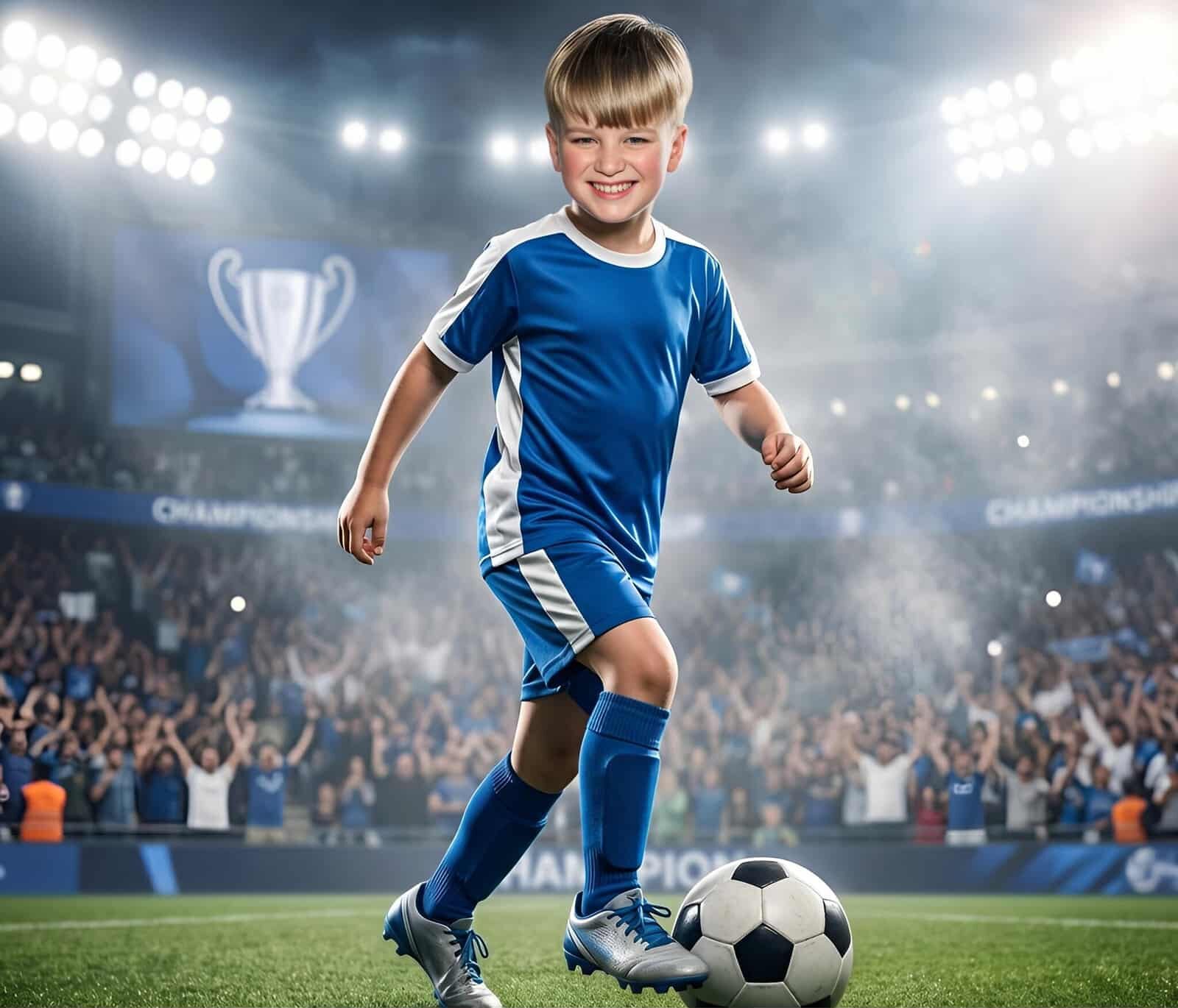 AI soccer photo booth at Merrimack Premium Outlets: young boy in a blue jersey dribbling a soccer ball in a packed stadium with a trophy behind him