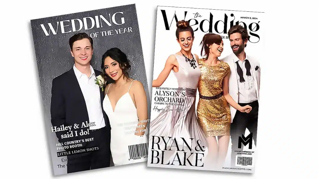 Custom wedding magazine cover photo booth experience showing couples styled as magazine cover stars