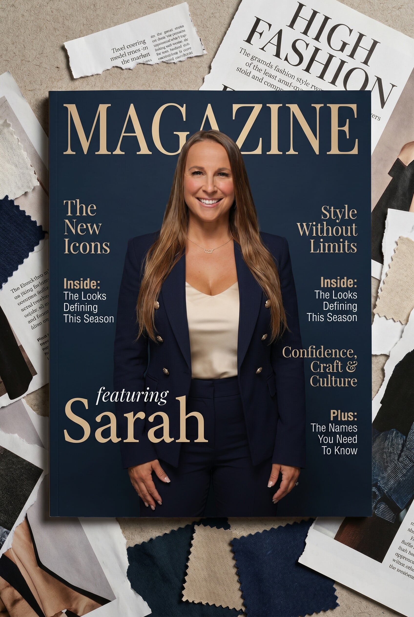AI magazine cover experience: guest in a navy blazer on an editorial magazine cover