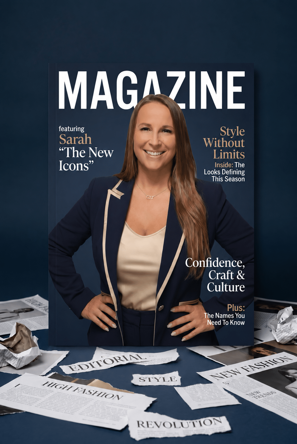 AI magazine cover experience: custom AI magazine cover with navy studio styling and editorial backdrop