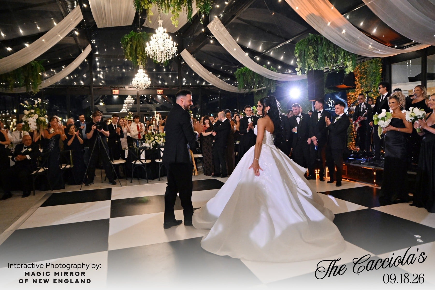 Branded instant delivery wedding photo with custom overlay at The Artisan Hotel at Tuscan Village, Salem NH