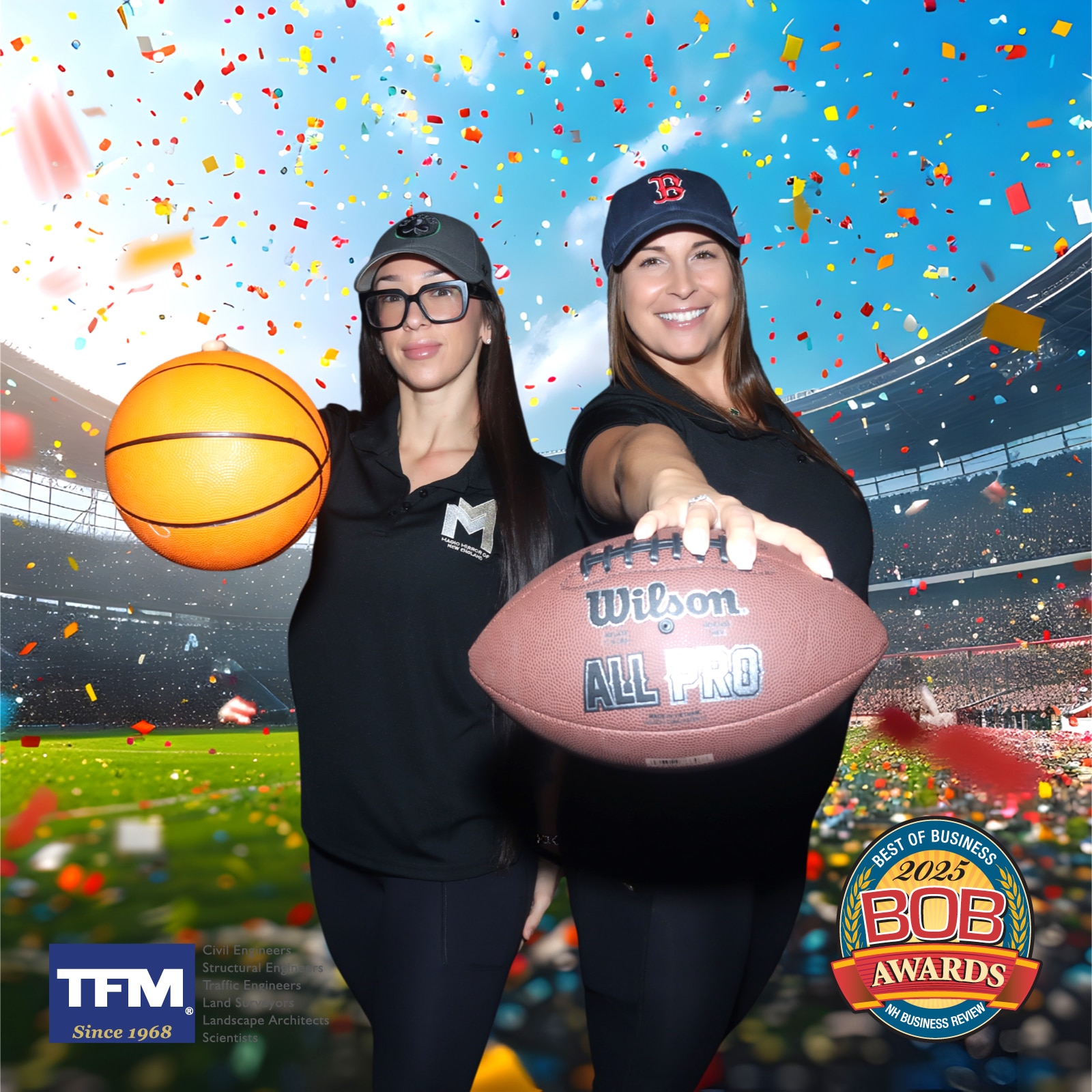 Two team members with a football and basketball in a confetti stadium square photo booth print at the Best of Business Awards 2025