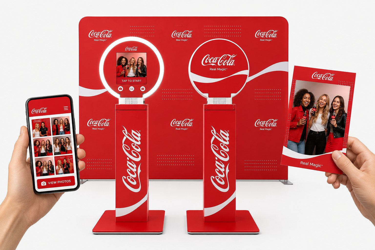 Concept visual of two custom-branded photo booth kiosks with a matching branded backdrop, a printed photo and a digital photo gallery on a phone