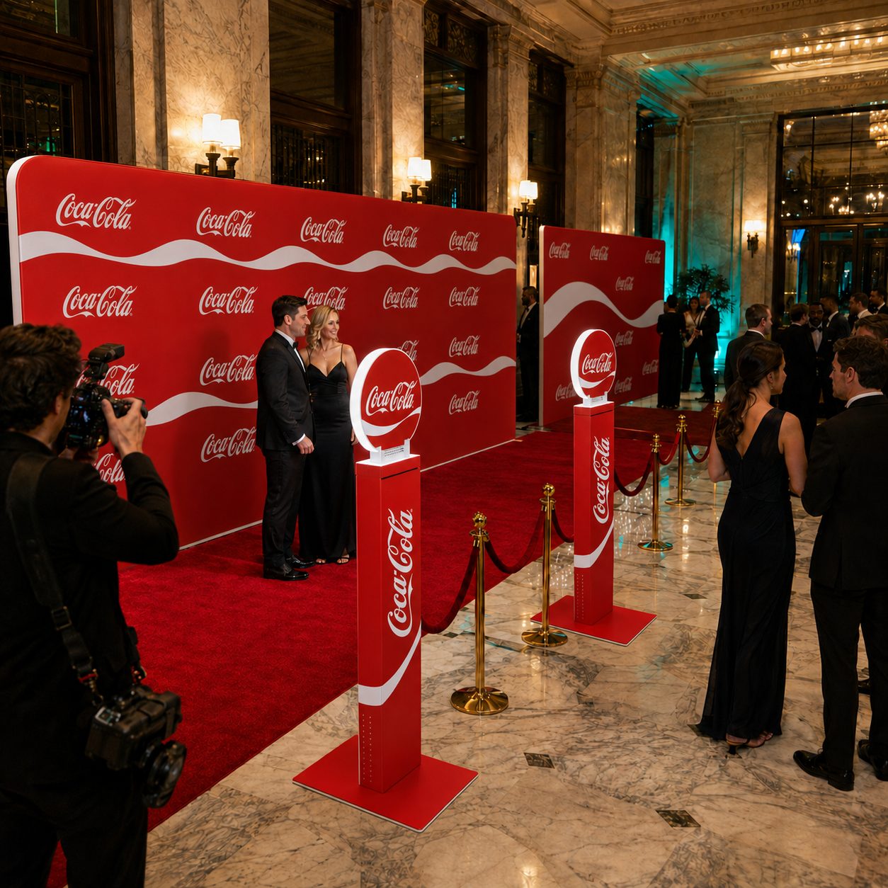 Red carpet photo booth rental New England event with a custom-branded step-and-repeat backdrop and light-up branded photo stations