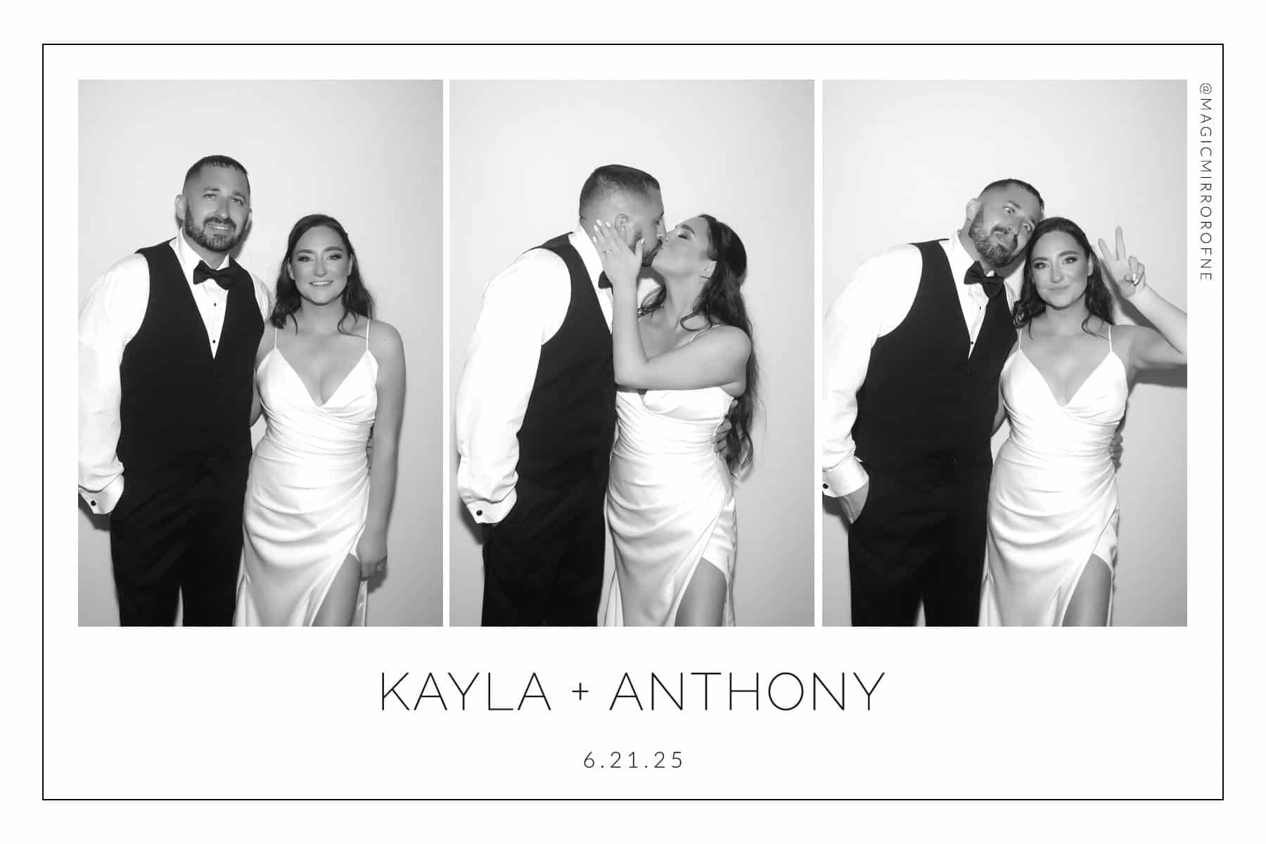Black and white GLAM 4x6 photo strip print of a wedding couple with custom names, date and border design