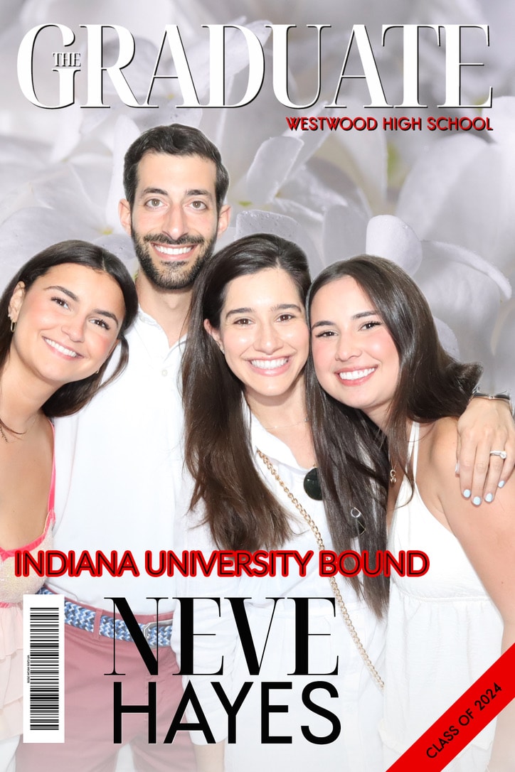 Four friends and family posing together on a custom The Graduate magazine cover with school name and class year headlines