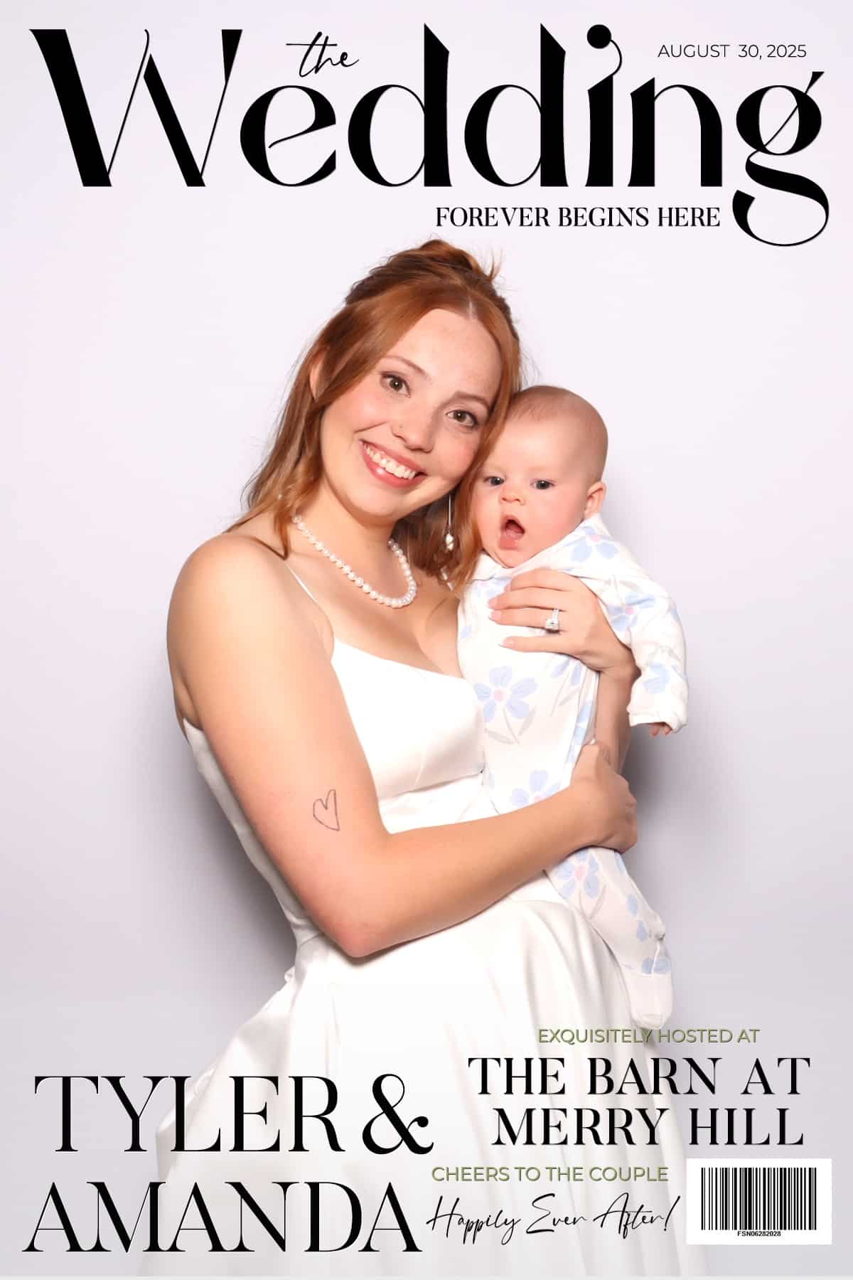 Bride holding a baby on a custom The Wedding magazine cover keepsake