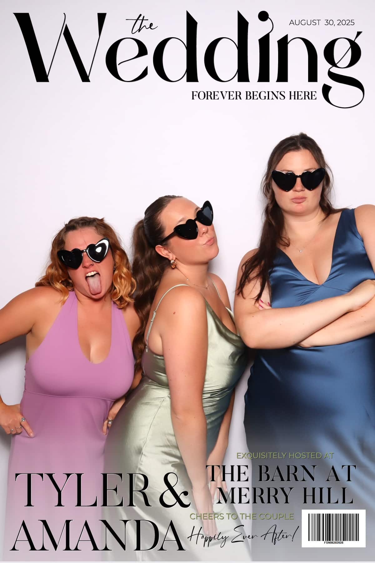 Three wedding guests in heart sunglasses posing on a custom The Wedding magazine cover