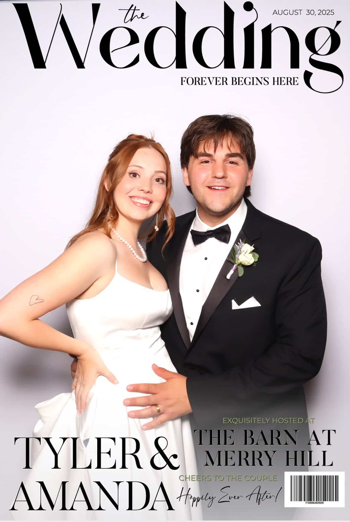 Bride and groom on a custom The Wedding magazine cover with venue name and couple headline at a New England wedding