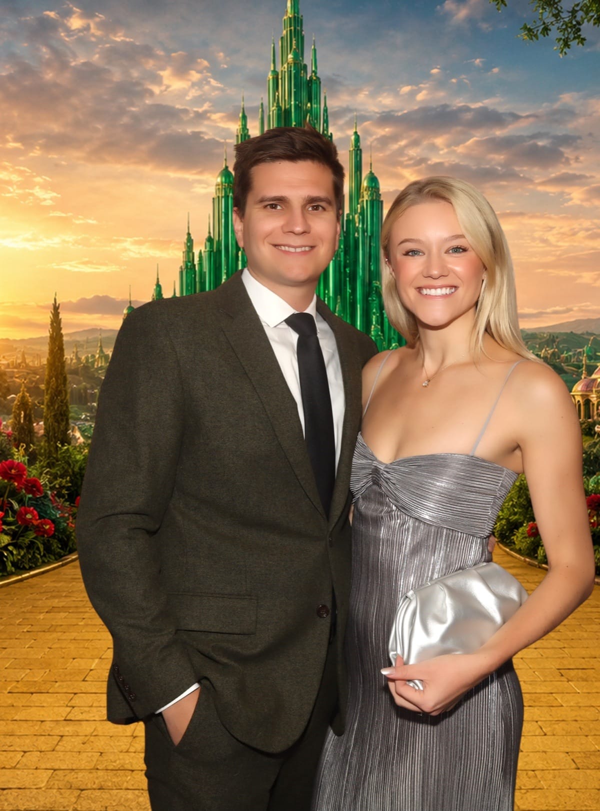 Couple at a Manchester Country Club photo booth with a virtual Emerald City background at a Wizard of Oz gala