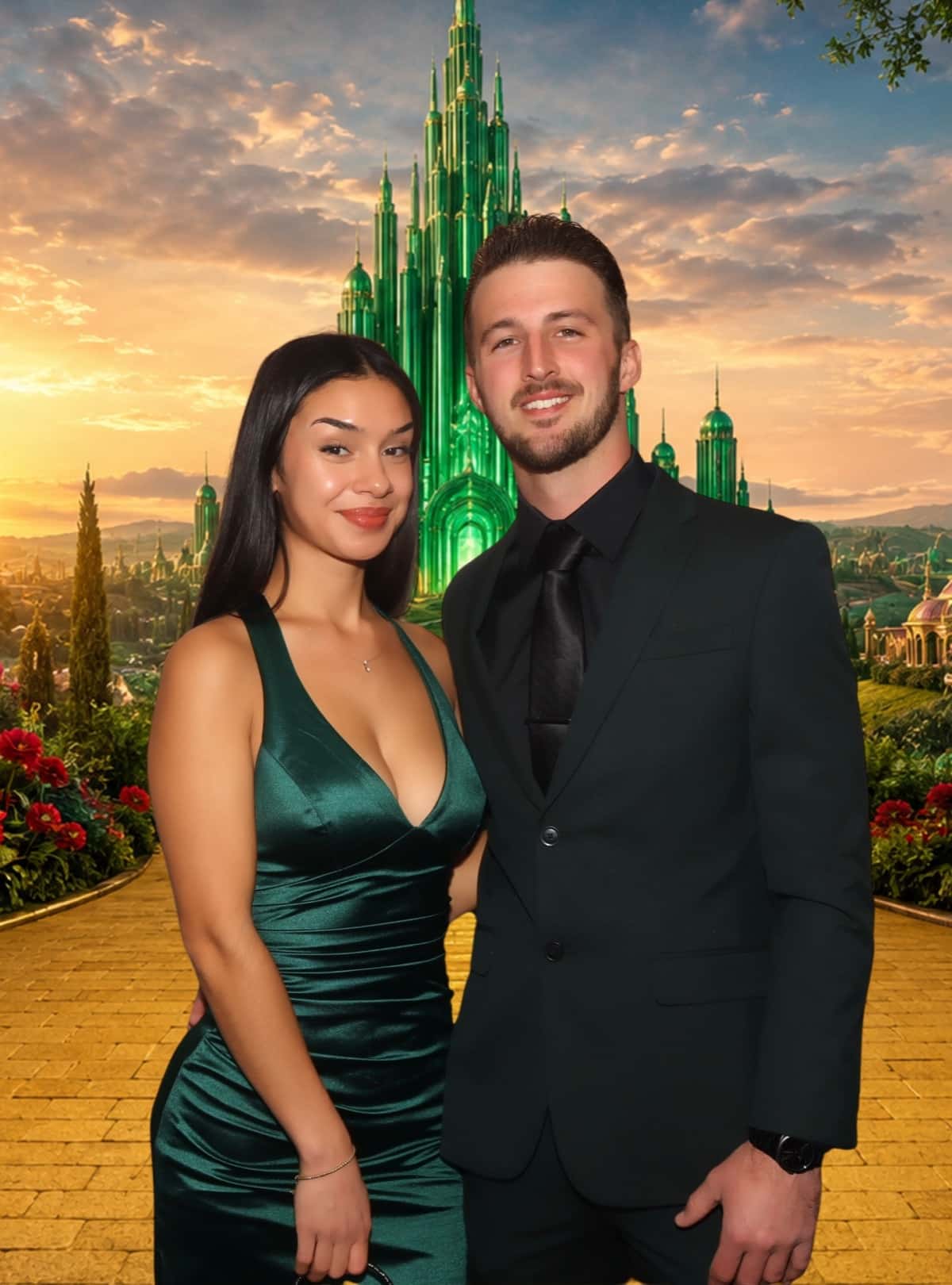 Couple on a virtual yellow brick road background at the Wizard of Oz themed animal shelter gala at Manchester Country Club in Bedford, NH